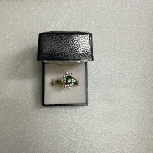 Gorgeous syn emerald ring size 11 triple gold plate over rhodium